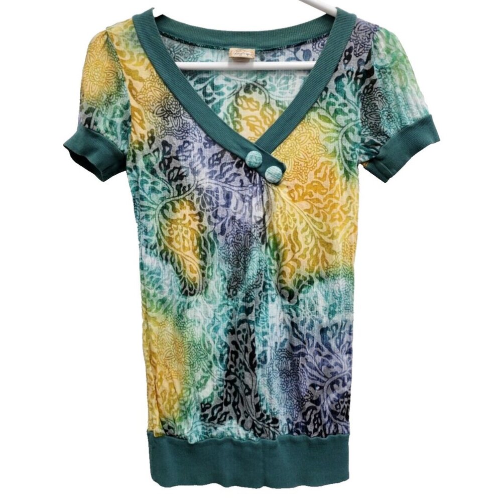 Vintage Daytrip Womens Top Small Yellow‎ Green Burnout Floral Short Sleeve Y2K